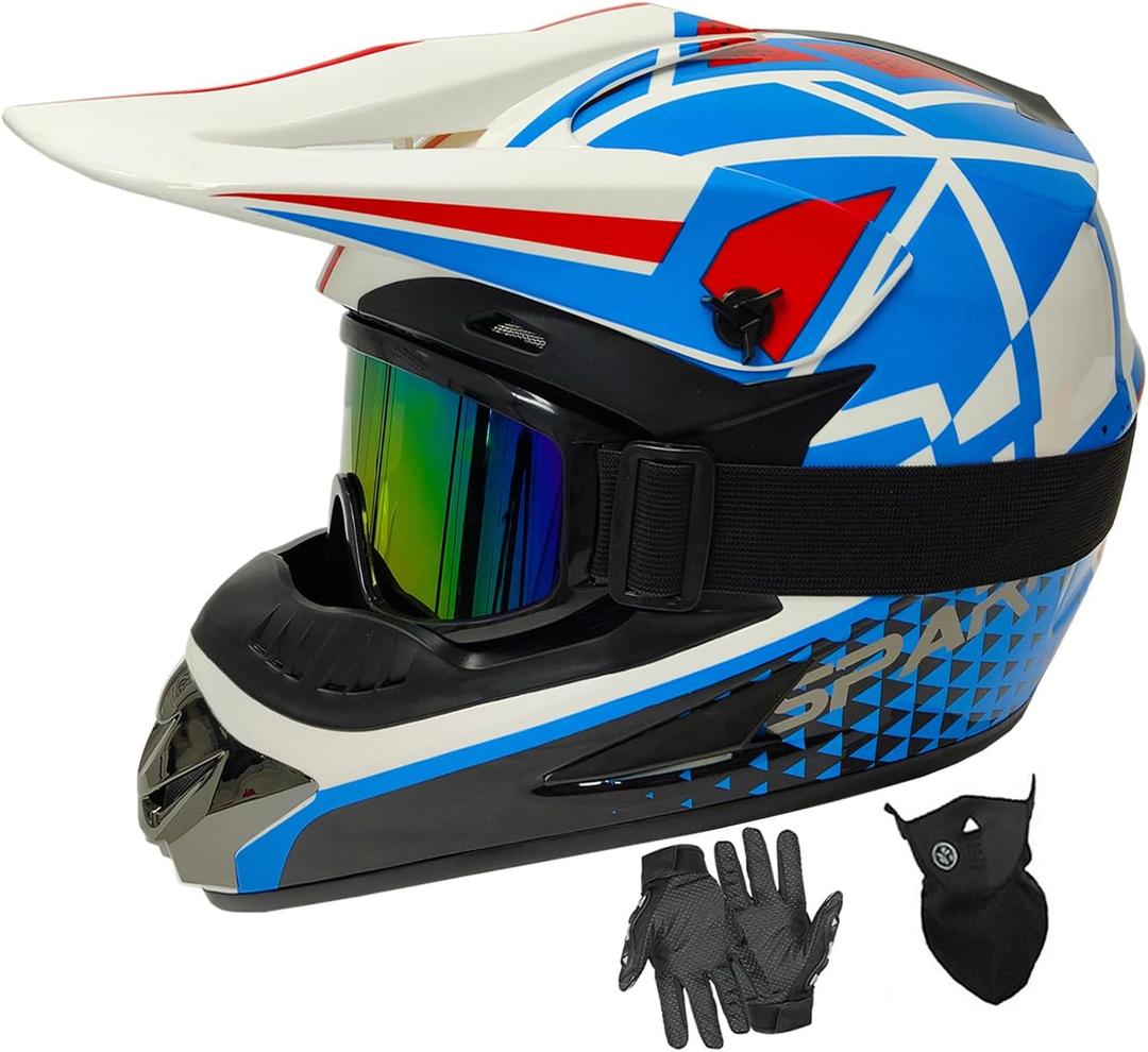 Kids Helmet for Motocross, ATV, Off-Road, Quad Bikes and BMX, DOT Approved (With Goggles, Gloves and Visor) (Blue, Medium)