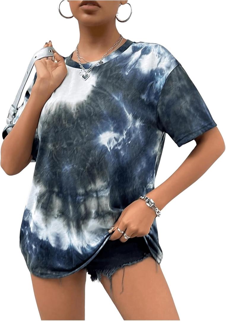 SOLY HUX Women's Tie Dye Shirt Short Sleeve Round Neck Tees Casual T Shirts Summer Tops (M)