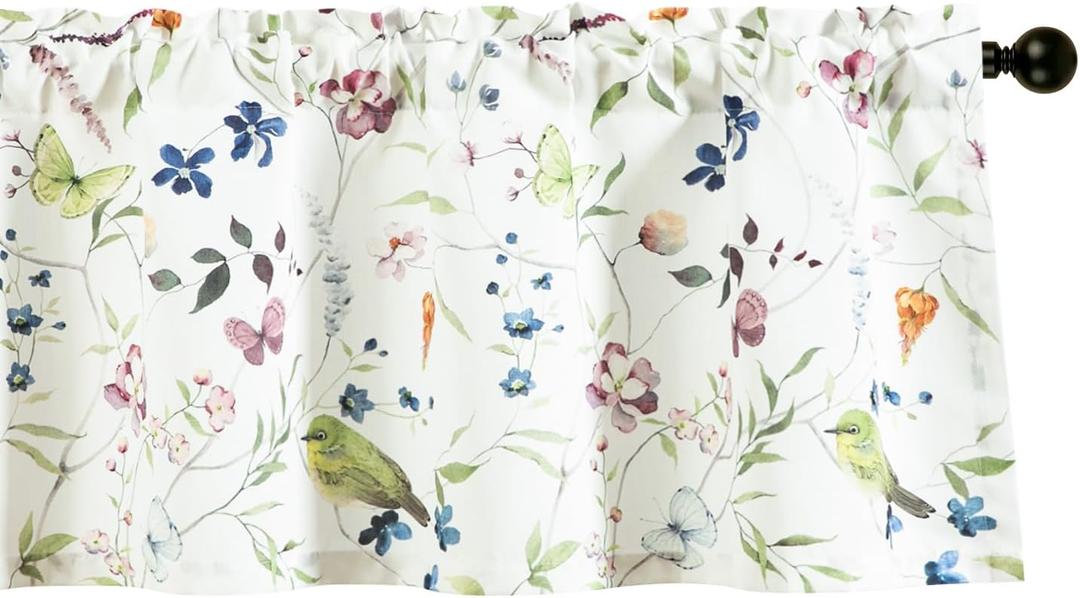 Leeva Birds Printing Curtains for Kitchen Windows, Spring Plants Patterned Valances for Windows, Linen Textured Decorative Valances for Bedroom, 52 x 18, Rod Pocket Top (A3)