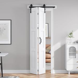 FREDBECK 28X84(Double 14x84) White Bi-fold Barn Door Sliding Folding Bi-fold Doors Double with 34" Hardware Track Kit Included, Solid MDF with Water-Proof PVC Surface for Closet, Assembly Required