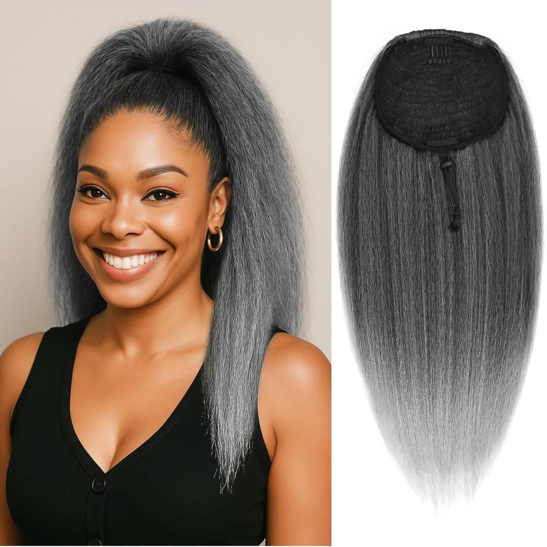 Long Gray Yaki Straight Drawstring Ponytail for Black Women 20inch Slight Kinky Straight Hair Pony Tail Hairpieces Synthetic Ponytail Extension(T1B/Gray)