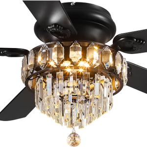 Asyko Crystal Ceiling Fan Fandelier with Lights - 52" Outdoor Fans with Remote ControlNoiseless DC Motor, Retro/Farmhouse Lighting, Dining Room,Living Room