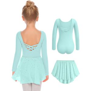 Zaclotre Girls Ballet Leotards Toddler Long Sleeve Crisscross Back Dance Dress Outfit with Removable Shiny Skirt Combo (6-8Y, Aqua Green)