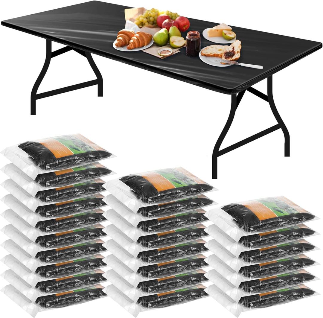 Boao 24 Pcs Summer Plastic Table Cloth Rectangle Picnic Table Covers Elastic Fitted Tablecloth, Disposable Waterproof for Camping, Indoor, Outdoor(8 Ft, 96 x 30 Inch,Black)