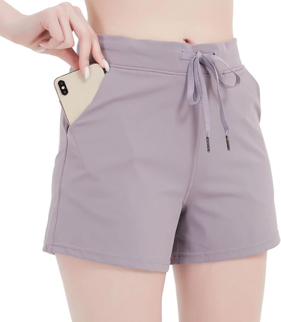 RIBOOM Women Workout Running Shorts 2 in 1 Active Yoga Gym Sport Shorts with Pockets (Large, Gray Violet)