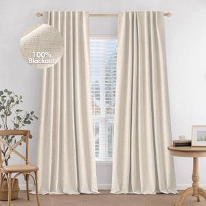 MIULEE 100% Blackout Curtains 90 inches Long Linen Curtains & Drapes for Bedroom Back Tab Living Room Darkening Full Black Out Window Curtain Panels Rod Pocket, Natural Beige, 2 Panels Set