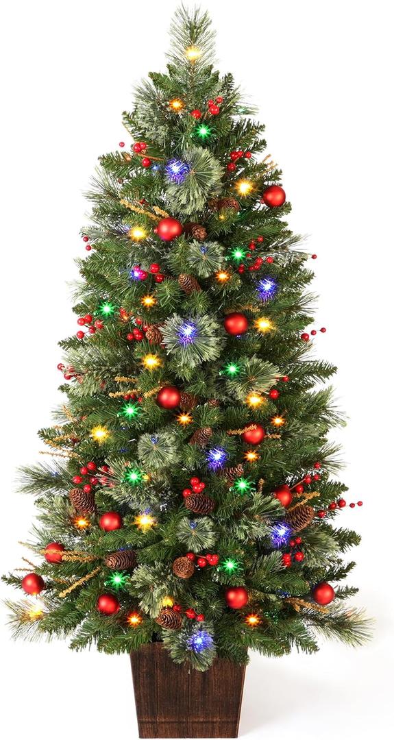 Christmas Tree, 4 FT Front Door Christmas Trees Pre-lit Potted Artificial Tree with Lights, Pine Cones & Red Berries & Ball, Outdoor Tree & Potted Stand Trees for Porch Table Xmas Outdoor Indoor