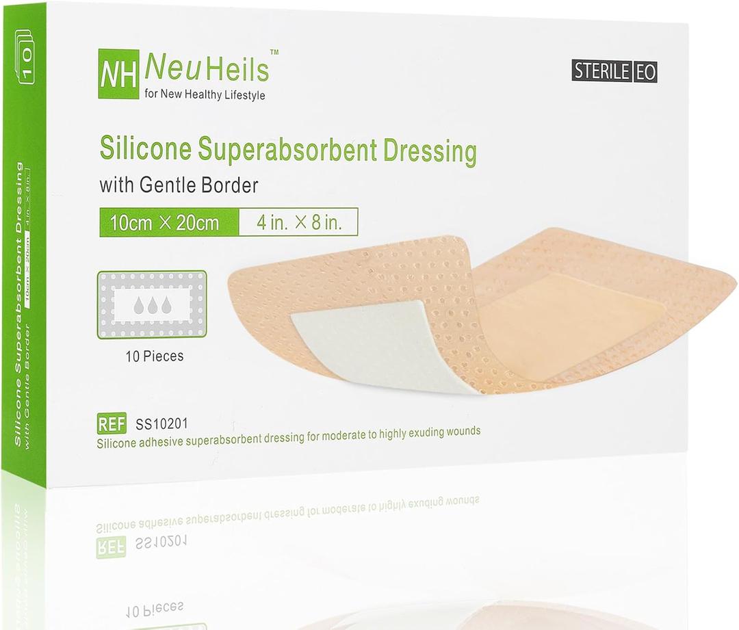 NeuHeils Silicone Super Absorbent Wound Dressing, 4x8 Inch (10 Pack), 2x6 Inch Absorbent Pads | Post-Surgery, Bed Sores, Pressure Ulcers | Self-Adhesive Bandage for Surgical Wounds & Cuts