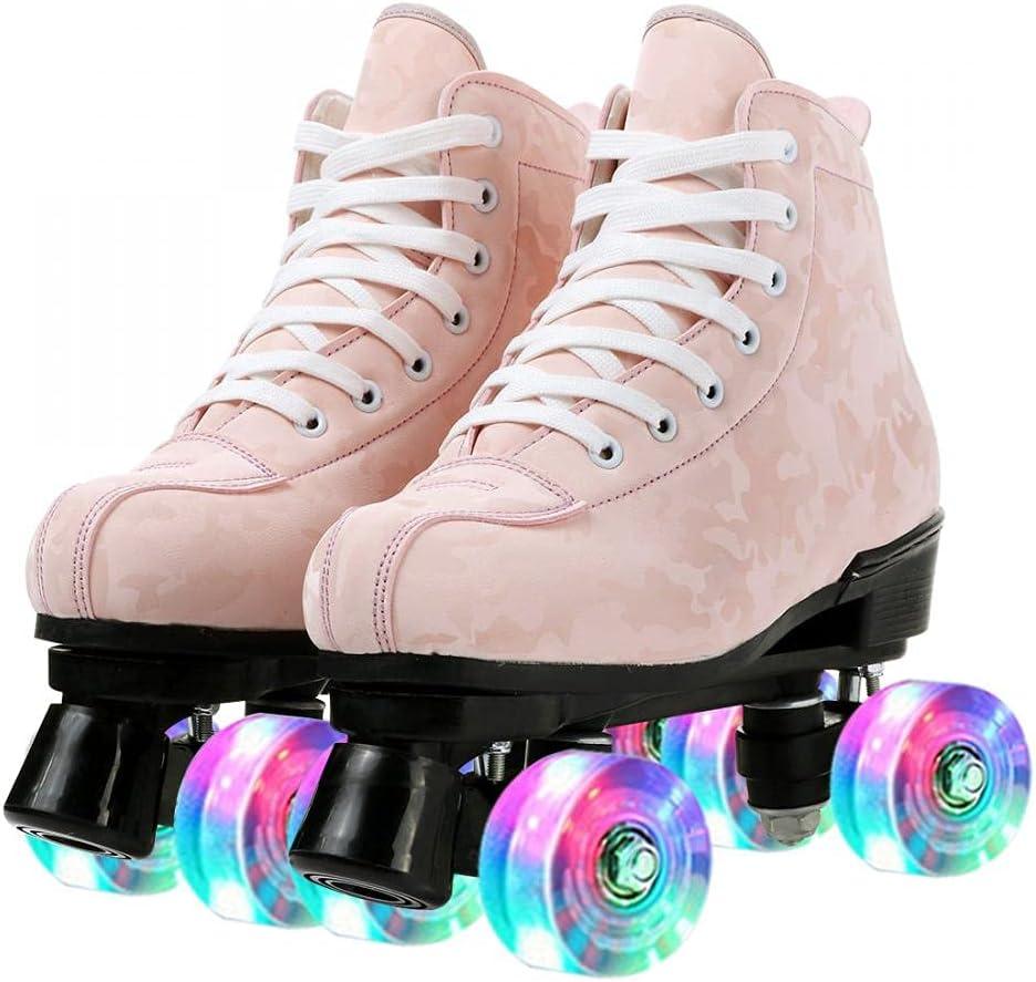 Roller Skates for Women and Men Cowhide High-Top Shoes Classic Double-Row Roller Skate Four-Wheel Roller Skates for Men Girls Unisex Christmas (42 - 10.24in - Women's 9 / Men's 7.5, pink camouflage with flash wheel)