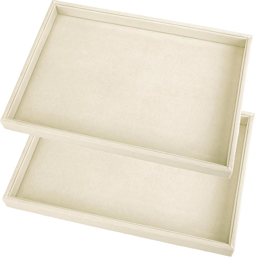 Mornajina 2 Pcs 13.8" x 9.5" Velvet Jewelry Tray Jewelry Display Tray Flat Tray, Stackable Empty Plate Trays for Earrings Necklaces Bracelet Rings Display Showcase - Light Khaki