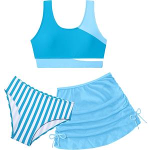 BAVADER Girls Swimsuit Cutout Tropical Floral Bathing Suit for Girls 3 Pcs Bikini with Drawstring Cover up Skirt 11-12Y