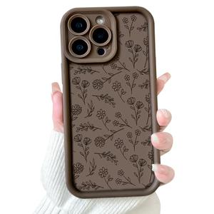 NITITOP Compatible with iPhone 13 Pro Case Cute Flowers Floral Leaves Design for Women Girls Stylish Artistic Soft TPU Shockproof Full Camera Protective Cover - Brown