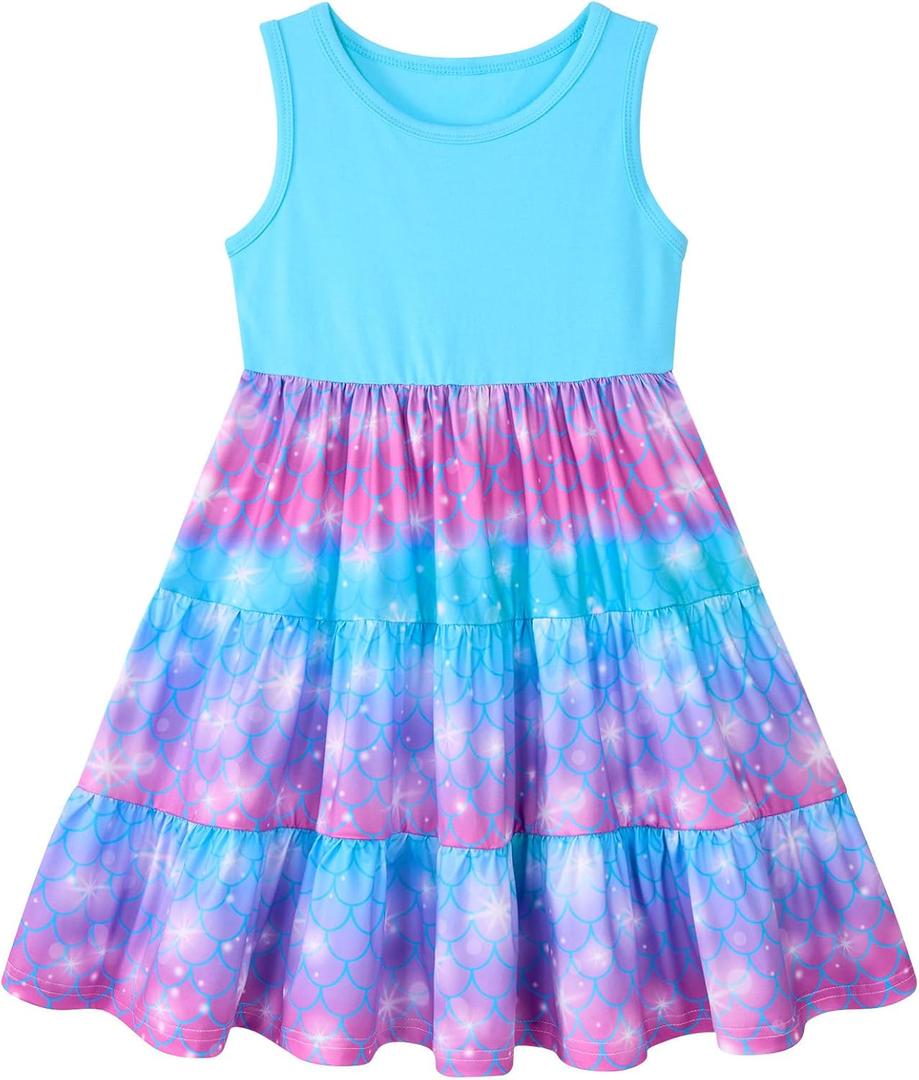 Lovekider Little Girls Casual Cotton Sleeveless Dresses Summer Swing Twirly Sundress Kids 3D Cute Sun Dress 4-8T (6 Years, Blue-purple Mermaid)