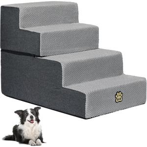Dog Stairs Pets Steps 4 Gray Pet Ladder for Sofa Couch and Bed Made of High Density Sponge Stairs with Removable Washable Cover Non-Slip Base 18" H