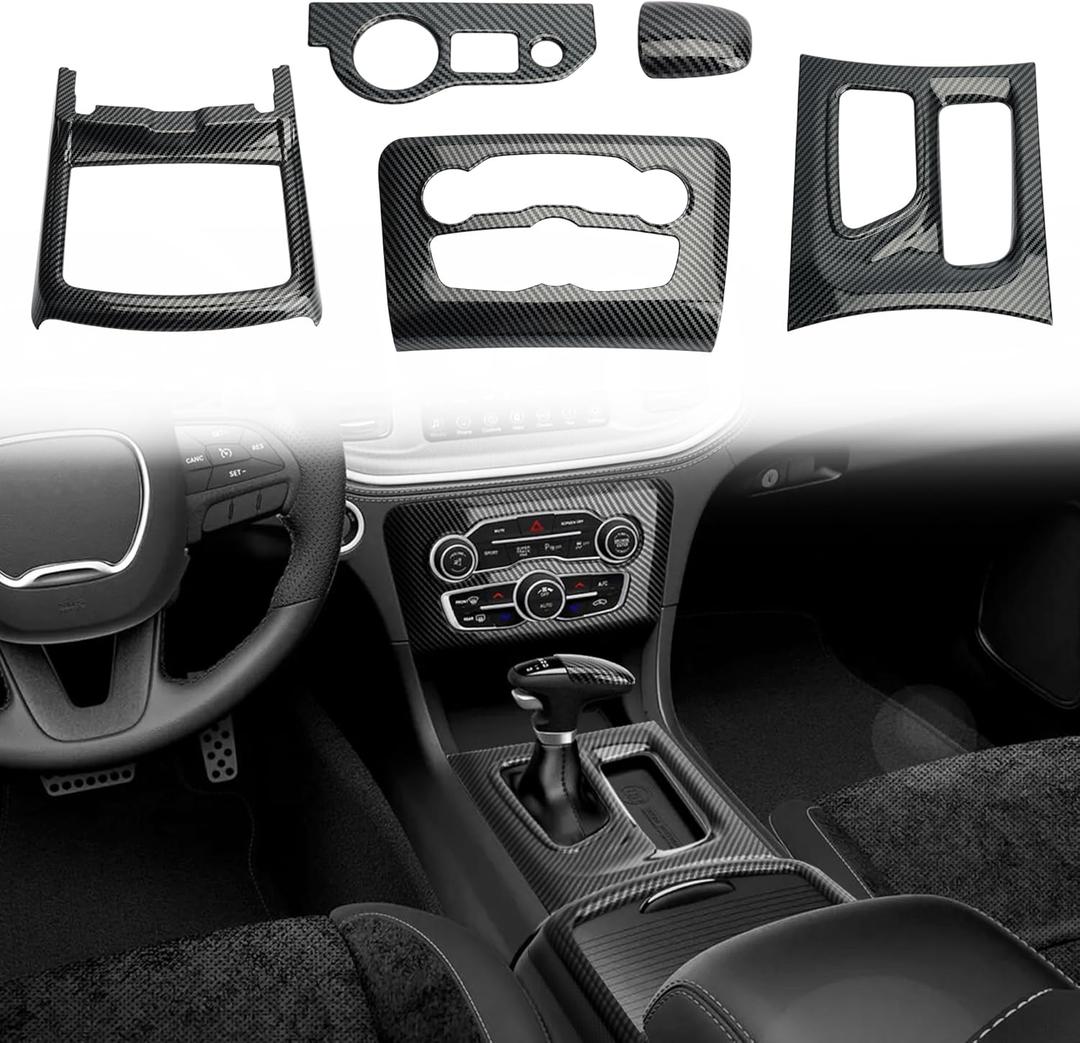 for Dodge Charger 2015-2023 Gear Shift Panel Trim, Central Control A/C Cover & Cup Holder Headlight Switch Button Panel Cover Trim, Black Carbon Fiber Particulate Material