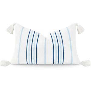 Hofdeco Premium Coastal Hampton Style Patio Indoor Outdoor Lumbar Pillow Cover Only, 12"x20" Water Resistant for Backyard, Couch, Baby Blue Navy Stripe White Tassels