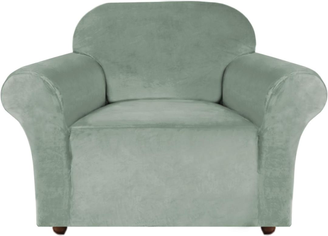 Turquoize Stretch Velvet Chair Cover Sofa Chair Covers for Living Room Armchair Cover Chair Slip Covers with Arms Chair Slipcovers with Elastic Bottom Crafted from Velvet Fabric (Chair, Sea Grass)