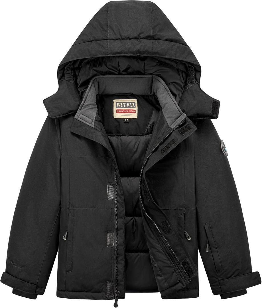 WULFUL Kid's Waterproof Ski Jacket Warm Fleece Hooded Boy's and Girl's Winter Snow Coat Outwear,Windproof RainCoat (Black)
