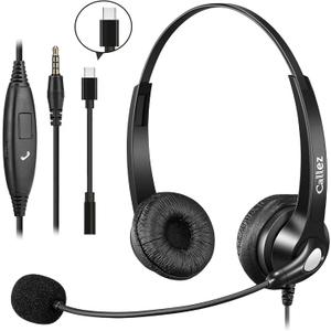Callez Wired Computer Headset, 3.5mm/USB-C Headset with Mic Noise Cancelling for Work, Cell Phone Headphone for PC Laptop Mac iPhone Samsung Zoom Teams Call Center Home Office, in-line Controls