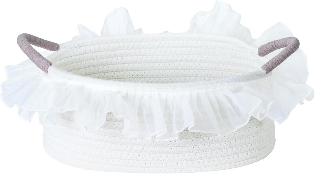 Cotton Rope Gift Basket with Handle White Woven Storage Basket with Organza Lace, Decorative Bin for Baby Shower, Housewarming, Nursery, Toys, Towels, Baby Accessories, Easter, Holiday Gifts (Oval - 12"x8"x5")