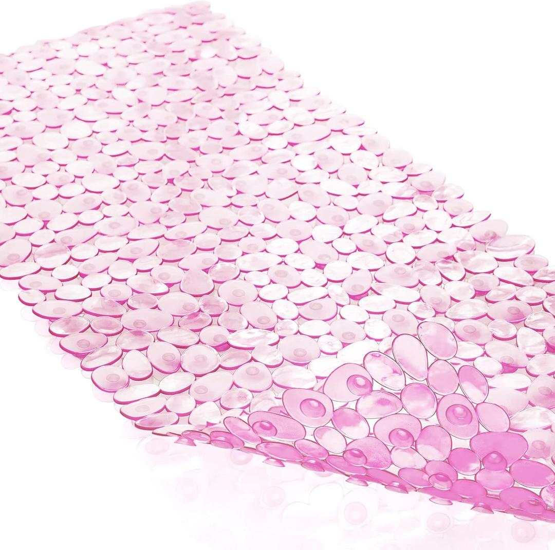 Bath Tub and Shower Mats, Non-Slip Pebble 35 x 16 Inches Machine Washable Bathtub Mat with Drain Holes, Suction Cups for Bathroom (Clear Pink)