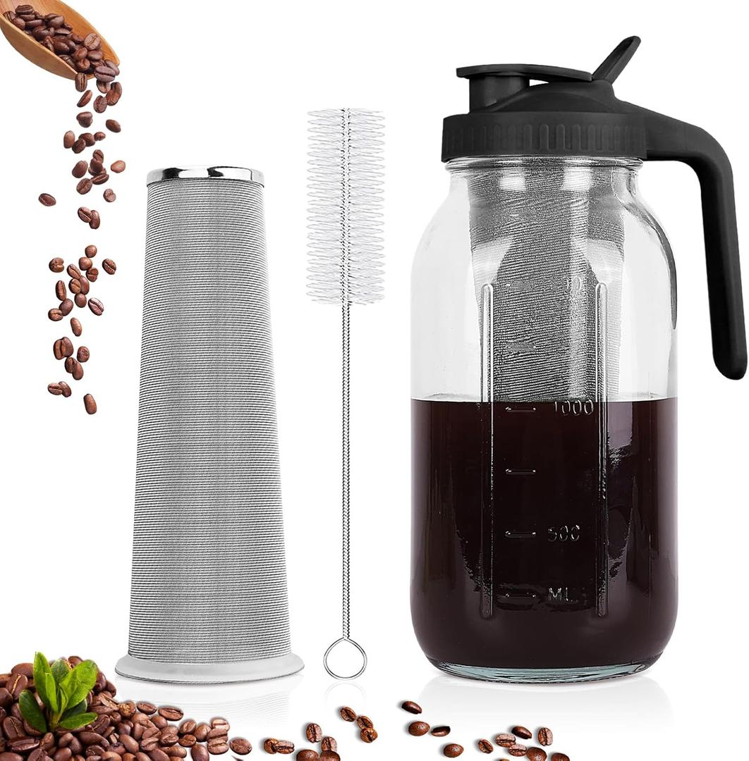 Cold Brew Coffee Maker,64 oz Mason Jar Pitcher with Stainless Steel Filter, Pour Spout Handle Lid, Heavy Duty Glass Airtight & Leak-Proof for Iced Coffee,Tea & Lemonade