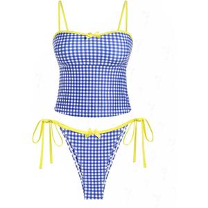seamoly Womens Cute Tankini Set Gingham Two Piece Swimsuits with Bow Back Tie Side Bottom (Blue, XS)