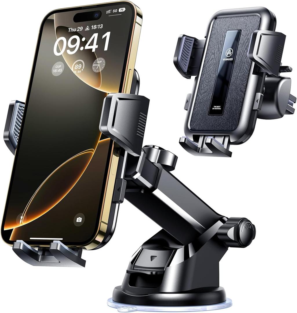 VANMASS 85+LBS Strongest Suction & Military-Grade Ultimate Car MountPatent & Safety Certs Cell Phone Holder Truck Stand for GPS Vehicle Dashboard Windshield Vent for iPhone Samsung, Clear Black