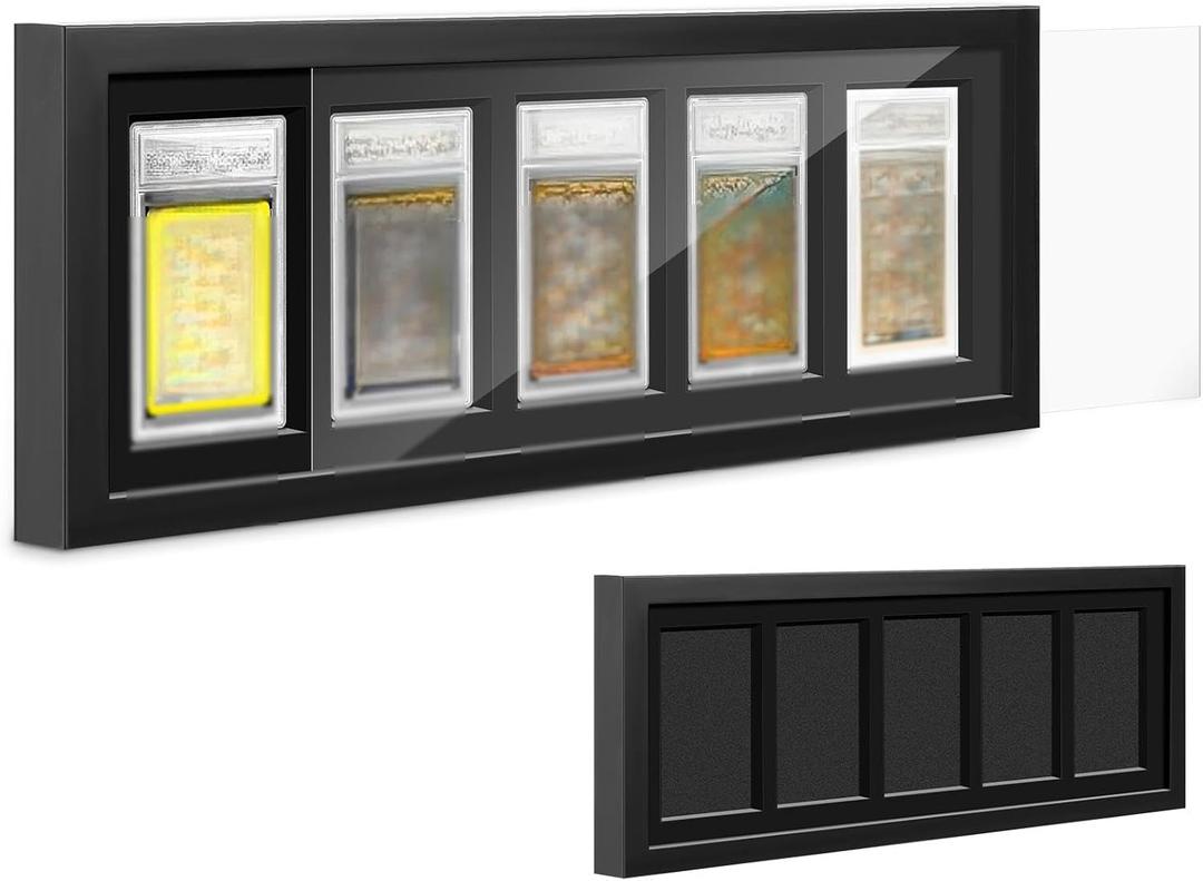 Sintuff 21.6 x 8.2 Graded Card Display Case Compatible with 5 PSA-Rated Trading Graded Card Display Frame Wall Mount Wooden Sports Baseball Case with Removable Clear View Dust Proof