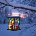 Honoson 2 Pcs Christmas Lanterns Decorative with LED String Lights Metal Hanging Xmas Vintage Lantern with Red Ribbon Berry for Indoor Outdoor Xmas Home Porch Party Decor(Deer)