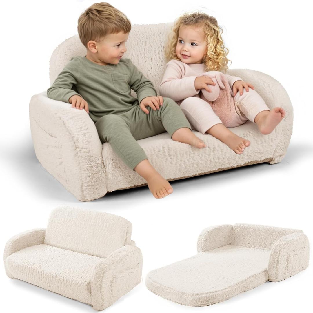 2-in-1 Sherpa Fold Out Kids Couch, Extra Wide Comfy Toddler Chair, Convertible Kids Sofa to Lounger, Foldable Toddler Couch with High Density Foam, Modern Kids Sofa Bed for Boys & Girls 3+, Beige