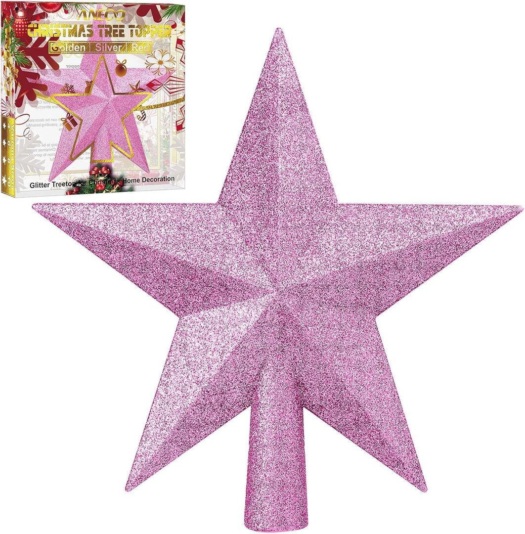 Aneco Pink Glitter Mini Christmas Tree Topper Shatter-Proof 6 Inch Christmas Tree Decoration Treetop for Holiday Ornament or Home Decor