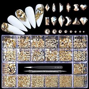 Yzzseven 12 Types of 600 Champagne Diamonds + 2500 Flat Rhinestones Mix 20 Styles Flatback DIY Crafts Rhinestone Crystals 3D Ornament‌s Flat Back Stones Set + Tweezers + Drill Pen