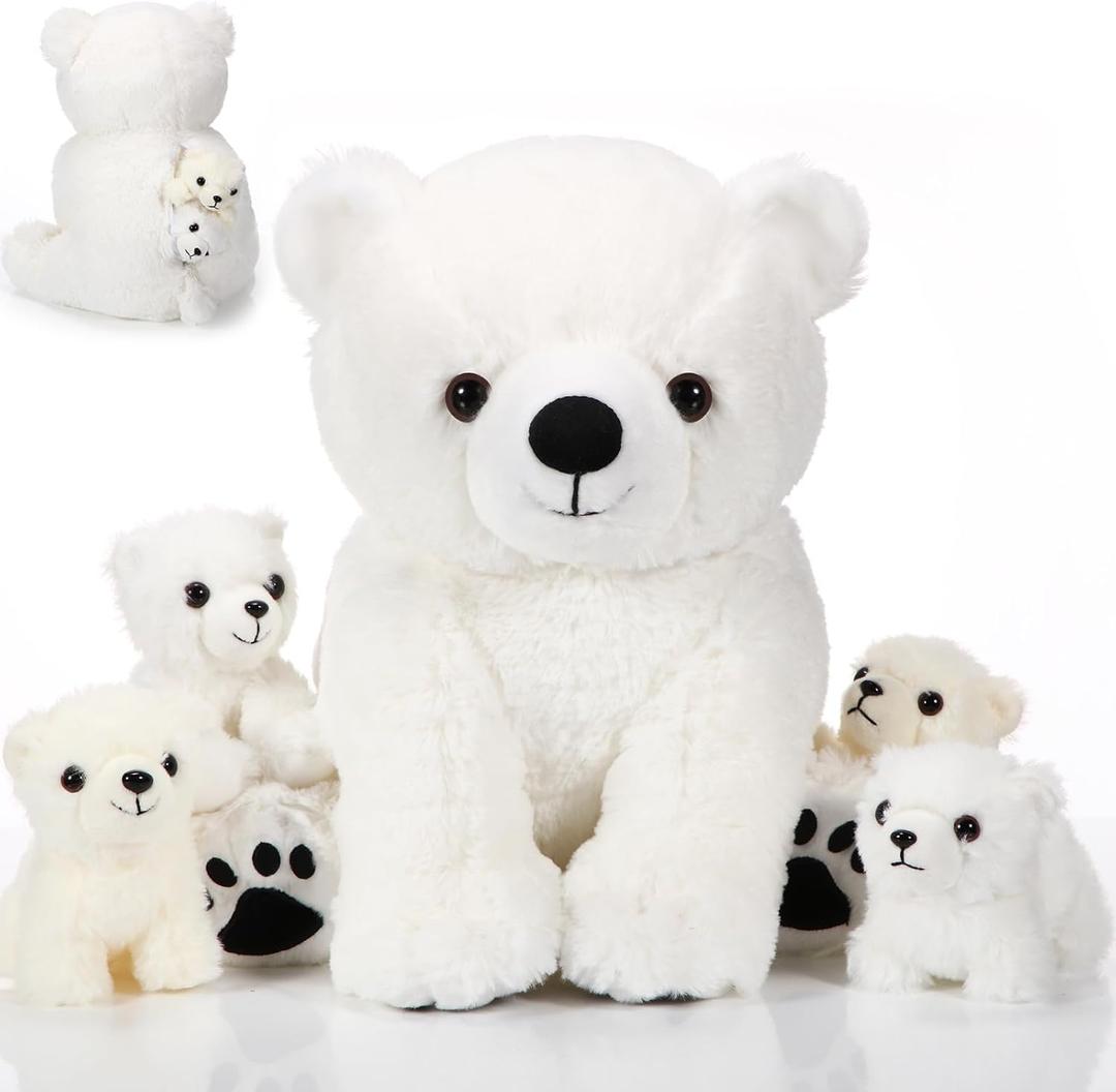 Leitee 5 Pcs Polar Bear Stuffed Animal with Babies Inside Winter Large White Mommy Sitting Polar Bear Plush with 4 Cuddly Baby Plushies in Belly Gifts for Boys Girls Birthday Holiday Decorations