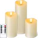 Outdoor Flameless Candles with Remote Timer - Waterproof Realistic Flickering LED Pillar Electric Battery Operated Fake Candle for Holiday Home Wedding Fireplace Decor - Ivory 3 Pack (D3H468)