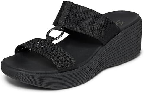 Skechers Women's PARALLEL LITE - VIRAL QUEEN, Rhinestone Knit O-Ring Slide Sandal with Luxe Foam Cushioning, Black/ Black, 5.5M