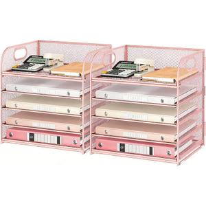 Lavatino Desk Paper Organizer with Handle, 2 Pack 5-Tier Pink Mesh Desk File Folder Holder Letter Tray Sorter Organizer for Office, Home or School