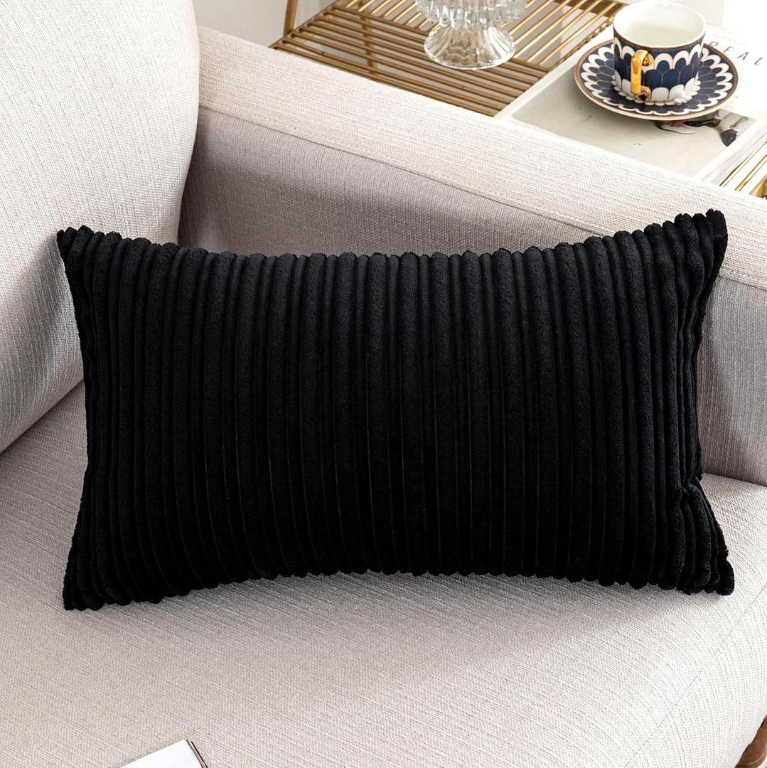 UGASA Velvet Lumbar Throw Pillow Cover, Both Sides Corduroy Striped Soft Solid Decorative Rectangular Cushion Case for Couch/Bedroom/Car, 1 Pack, 12x20 Inch, Black