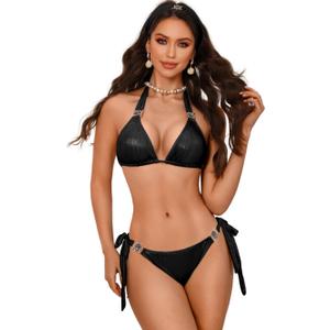 Womens Sexy Triangle Metallic Bikini Set, Crystal Rhinestone Headband Halter Swimsuit, Cheeky Tie Ruched Bathing Suit (Small, Black)
