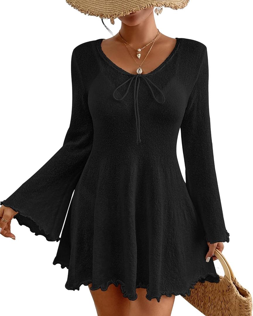 Bsubseach Crochet Bathing Suit Cover Up for Women Long Sleeve Knit Swimsuit Coverups Sexy Sun Dress (Black) S