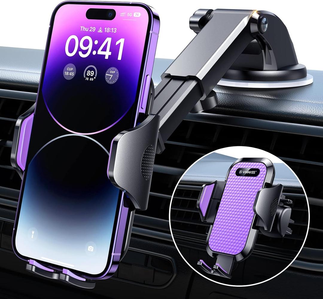 VANMASS Ultimate Car Phone Holder 2025Military-Grade & Strongest Suction Phone Holder for Your CarPatent & Safety Certs Windshield Dashboard Vent Cell Phone Car Mount for iPhone Samsung Android (Purple)