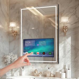 Haocrown 24x32 Inch Smart Bathroom Mirror with 21.5" Hidden Touchscreen, Android System, Built-in Speakers, Clock & Weather, 3 Color Dimmable LED, Anti-Fog, WiFi Bluetooth HDMI, Wall Mounted