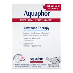 Aquaphor Repairing Foot Masks, Moisturizing Socks for Dry Feet, Hydrating Foot Care Treatment with Avocado Oil and Shea Butter, Back to School Supplies, Pack of 6
