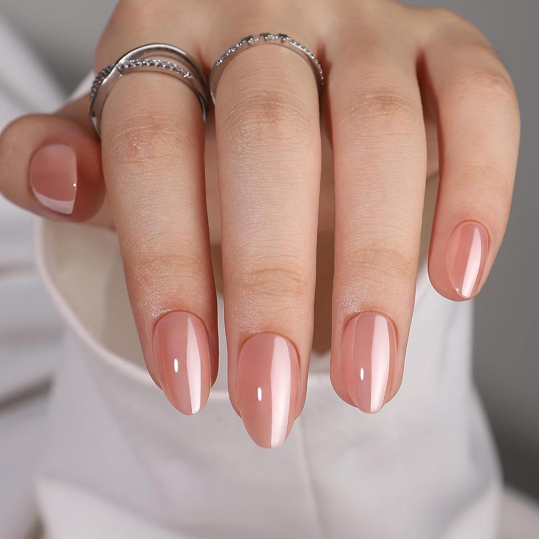 Nude Press On Nails Almond Fake Nails - Maigitur Short Stick On Nails for Women, Chrome Glue On Nails in 16 Sizes - 32 Soft Gel False Nails Manicure Kit(Nude Chrome Clear)