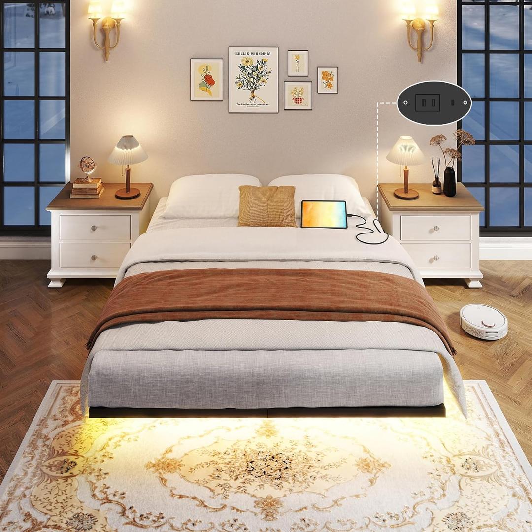 Floating Queen Bed Frame with LED Light, Heavy-Duty Metal Platform Queen Bed Frame Floating with Charging Station, Easy to Assemble, No Box Spring Needed, Black