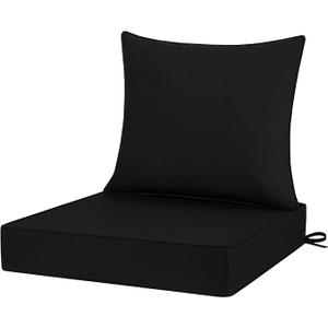Favoyard Outdoor Seat Cushion Set 24 x 24 Inch Waterproof & Fade Resistant Patio Furniture Cushions with Removable Cover Deep Seat & Back Cushion with Handle and Adjustable Straps for Chair Sofa Couch (Black)