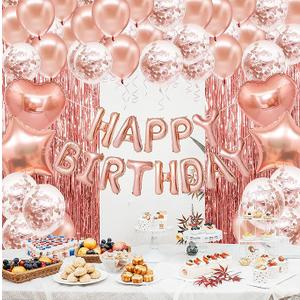 HOPULARITY Rose Gold Birthday Party Decorations  Sweet 16 21st Women Girls Happy Birthday Banner, Fringe Curtains, Heart Star Foil Confetti Balloons Backdrop Supplies