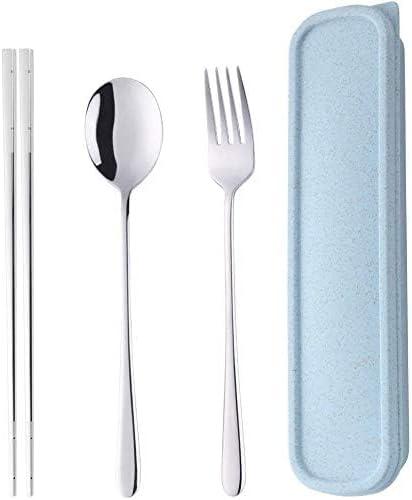 Portable Travel Flatware 3PCS Spoon Fork Chopsticks Set 18/10 Stainless Steel with Case and Bag for School Work Office Lunch (Silver)