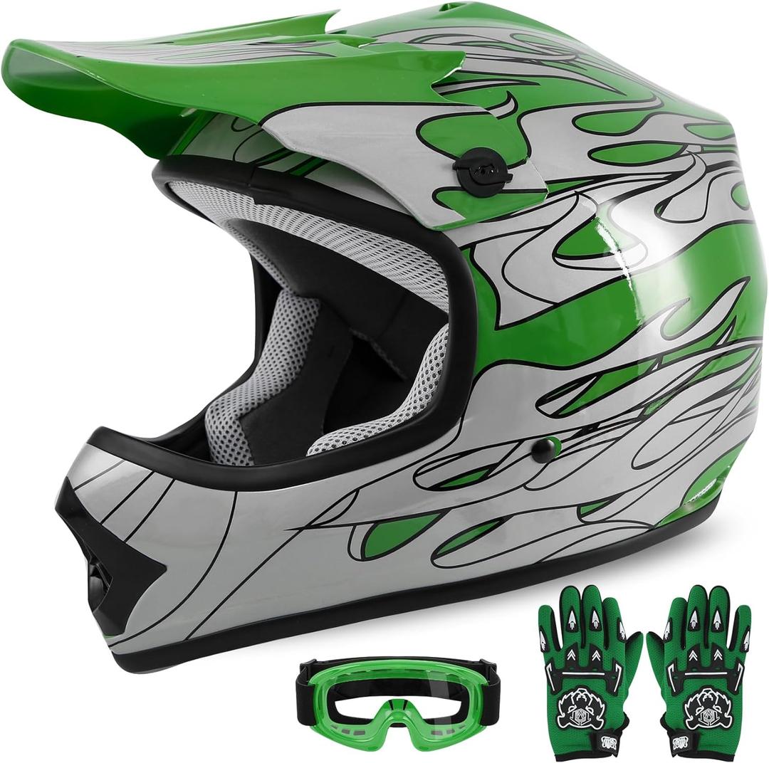 TCMT Dot Youth & Kids Motocross Offroad Street Green Flame Motorcycle Youth Helmet Dirt Bike Motocross ATV Helmet+Goggles+Gloves, Size S