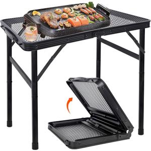 FORUP Small Folding Table, Camping Table with Mesh Desktop, Portable Picnic Table with Carry Handle, Height Adjustable Portable Grill Table for Outside Inside Use (2FT)